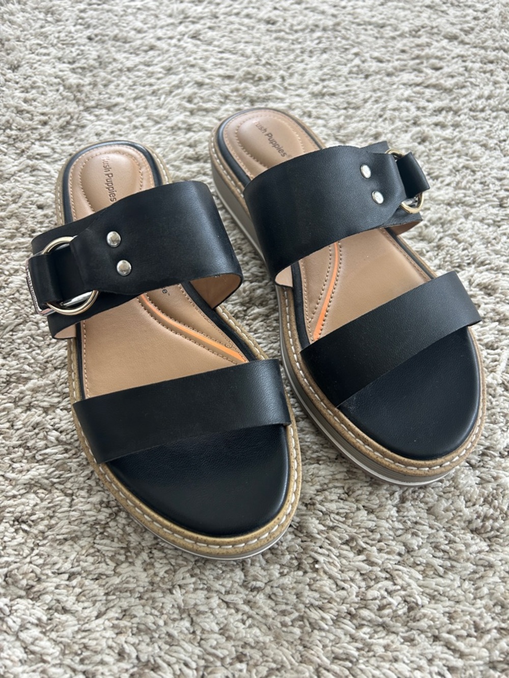 NWOT!! Hush Puppies Bounce Black Double-Strap Slide Sandals with Buckle